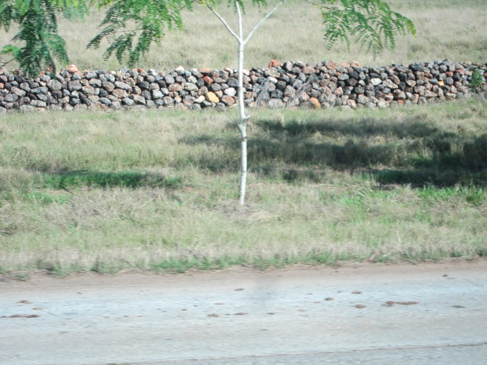 An unusual stone wall along the road out of the city.